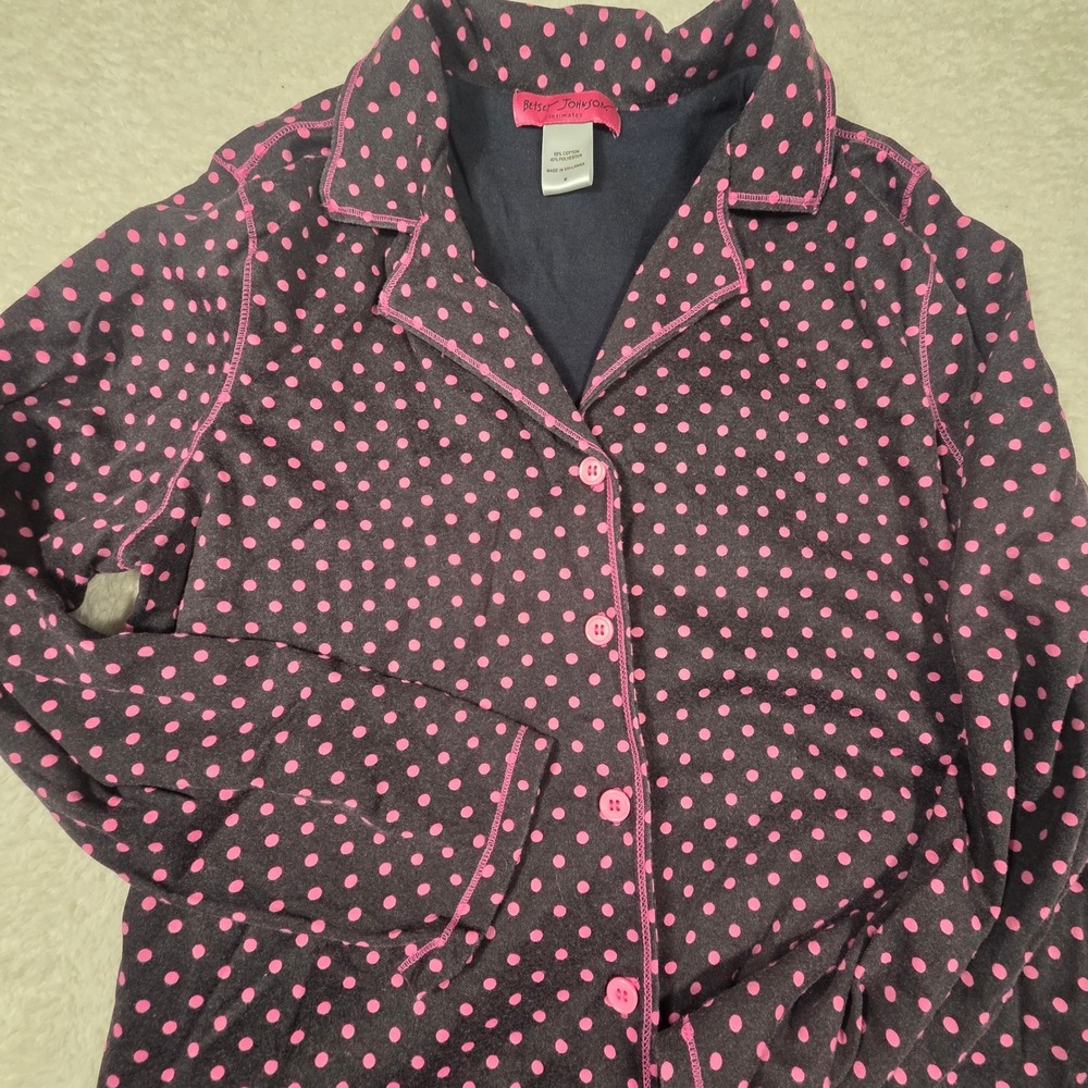 Betsey Johnson Pajama Top Womens M Black Pink Polka Dot Button Up Long Sleeve PJ